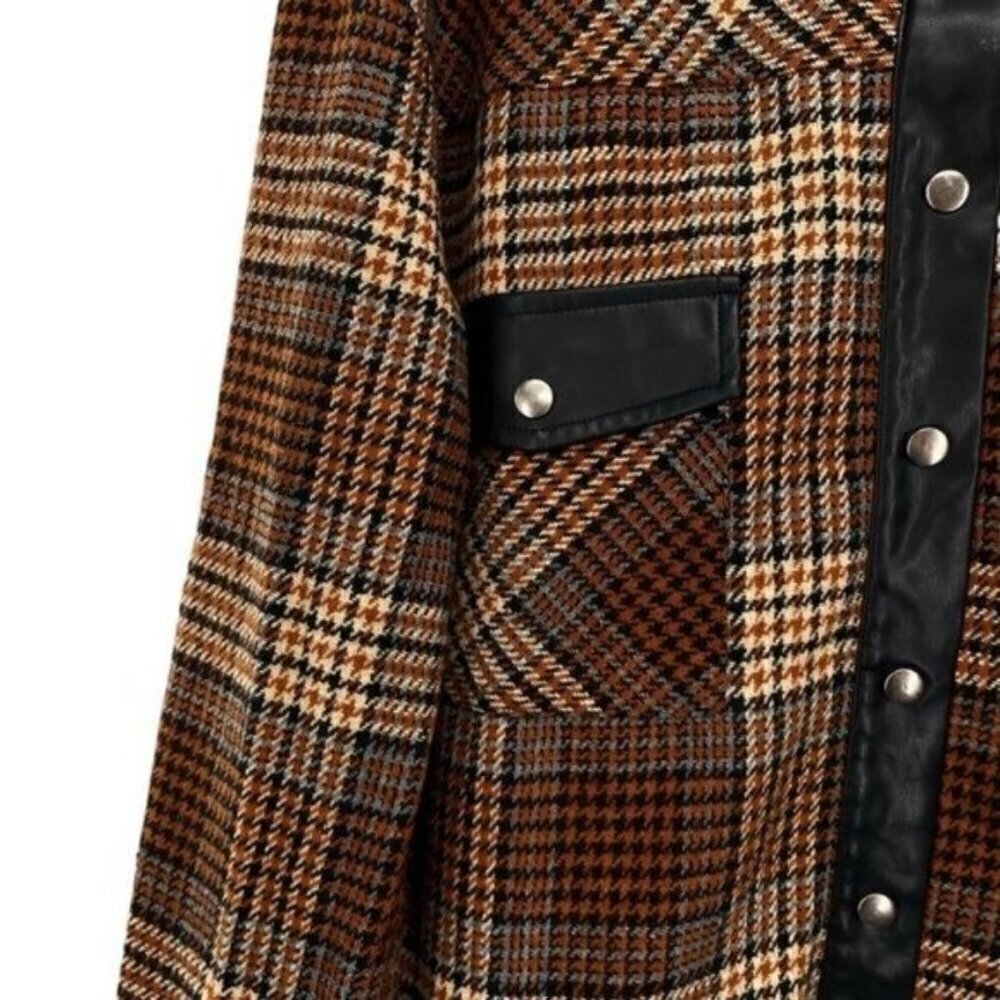 Ee:Some Houndstooth Plaid Shacket Jacket Faux Lea… - image 4
